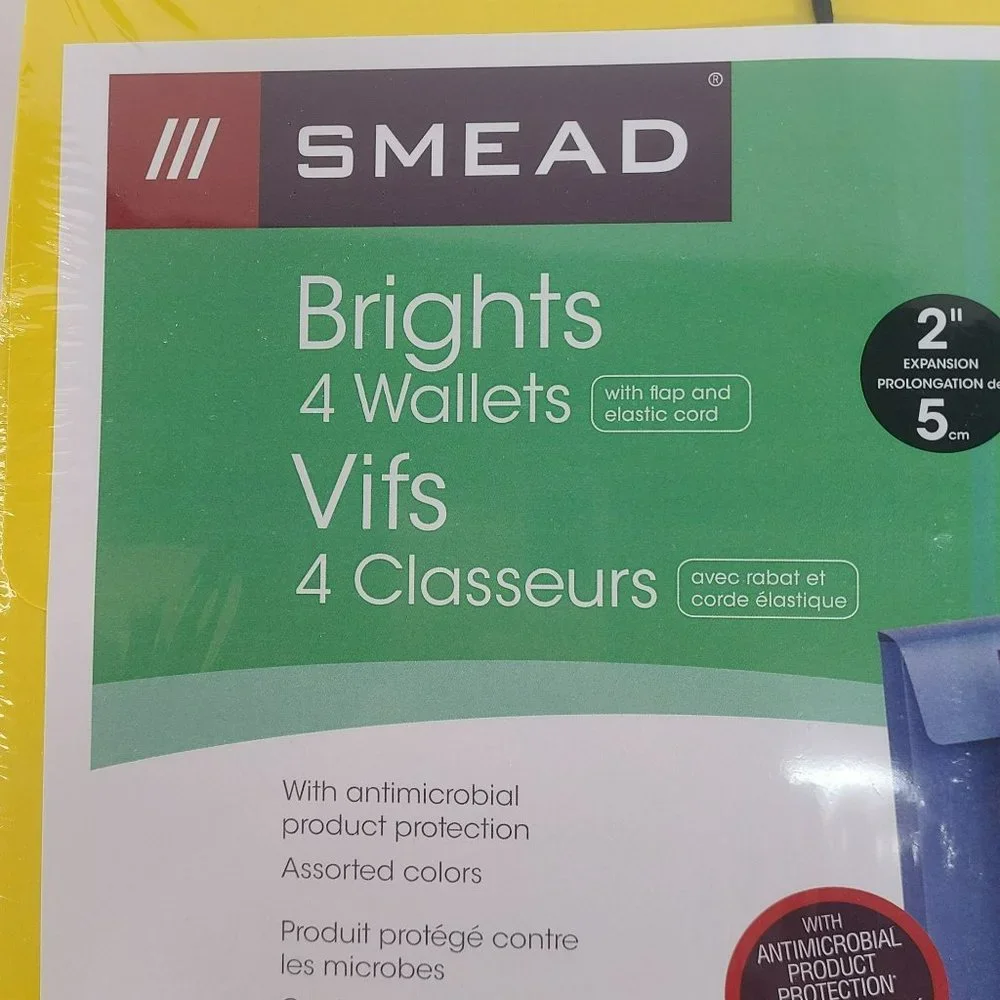 Smead Brights 4 Wallets Folders Letter Size With Flap & Cord Antimicrobial